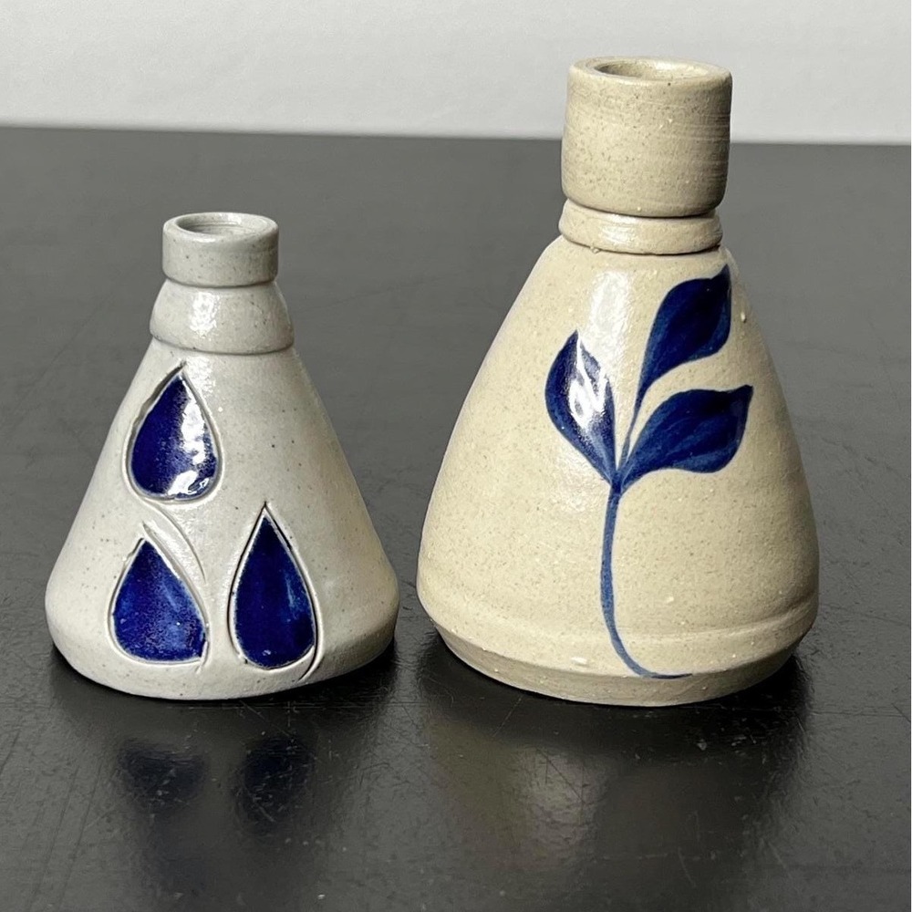 Williamsburg Pottery Bud Vase Set‎ Gray Tan Cobalt Blue Salt Glaze Leaf Small